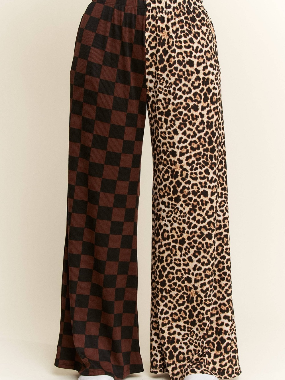 Wide Leg Mixed-Print Pants in Brown and Leopard